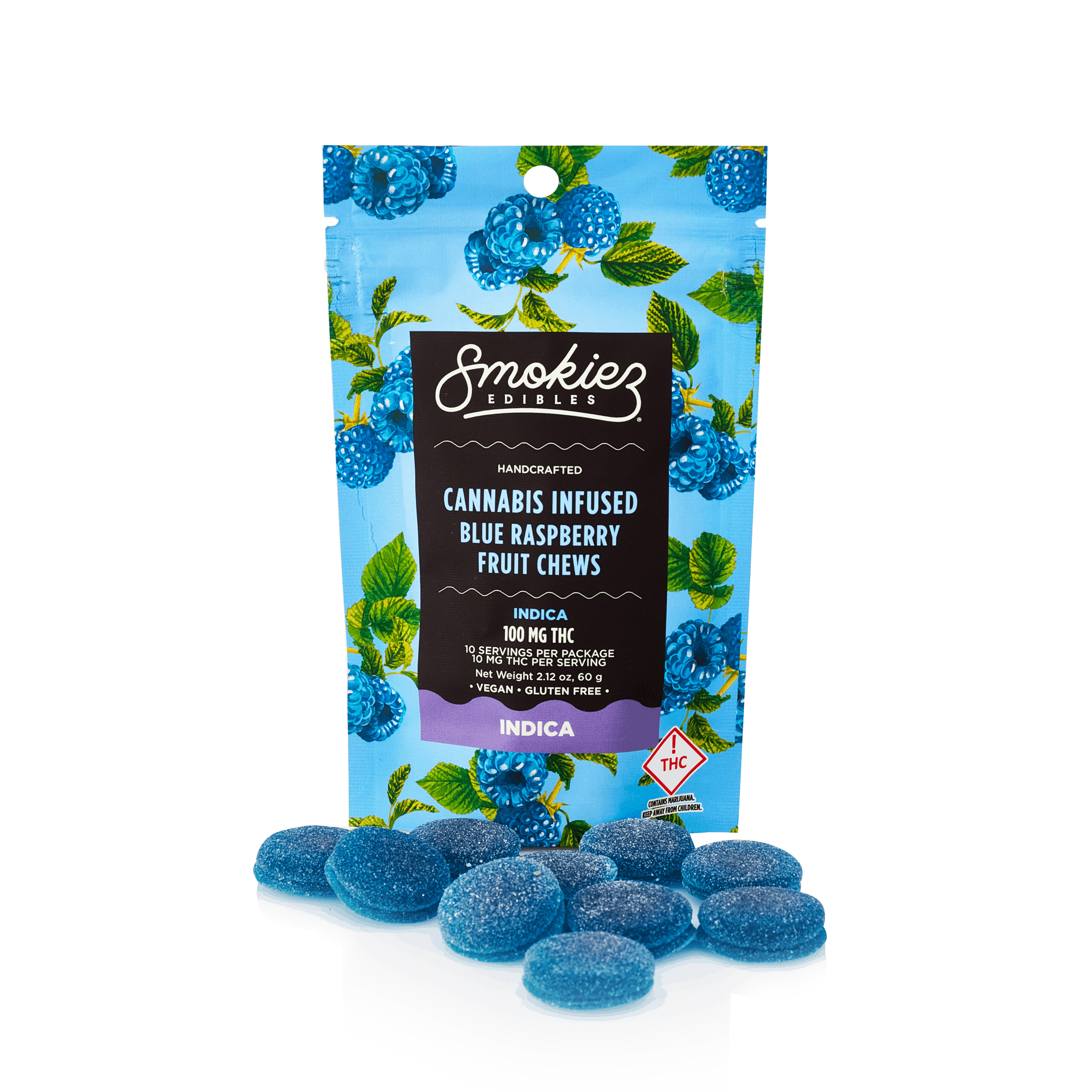 Smokiez INDICA Blue Raspberry Fruit Chews - 100mg - OH 2 Smokiez INDICA Blue Raspberry Fruit Chews - 100mg - OH
