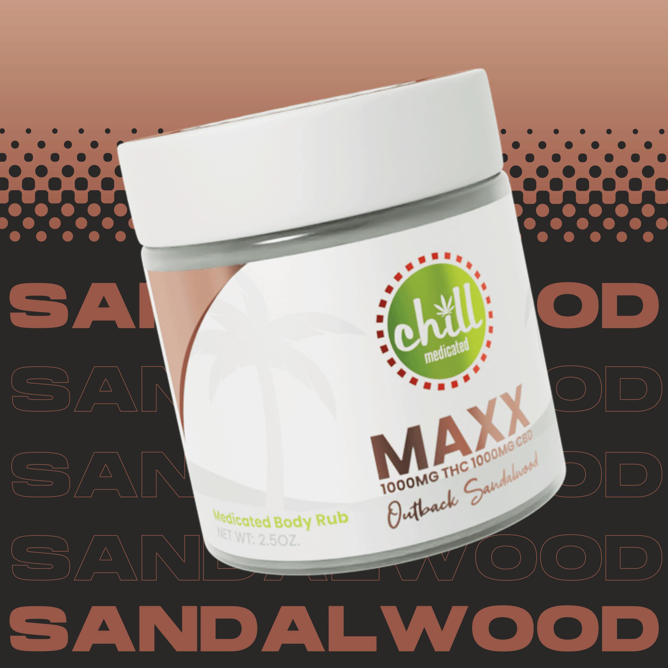 1000mg THC : 1000mg CBD | MAXX Outback Sandalwood Body Rub | MED