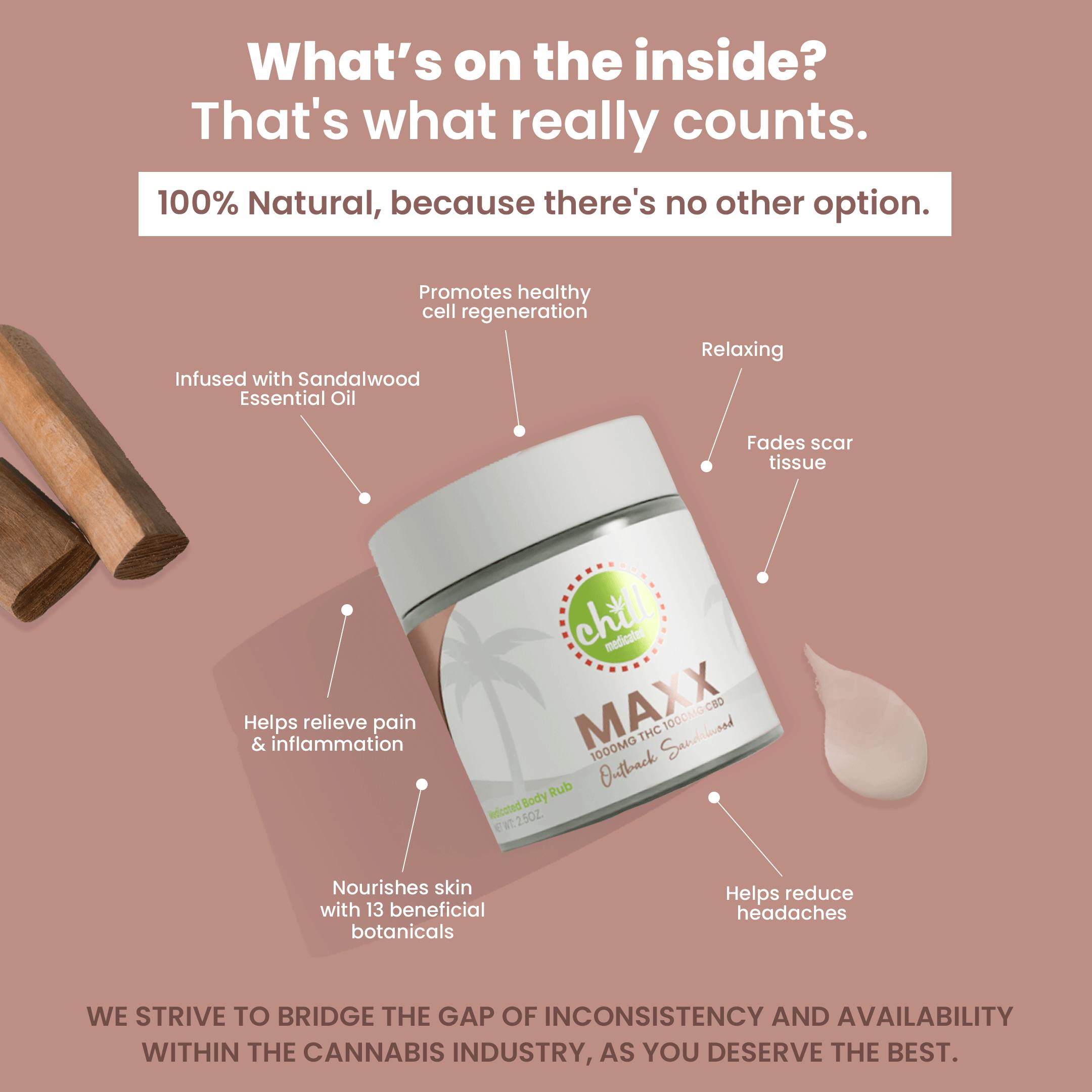 1000mg THC : 1000mg CBD | MAXX Outback Sandalwood Body Rub | MED